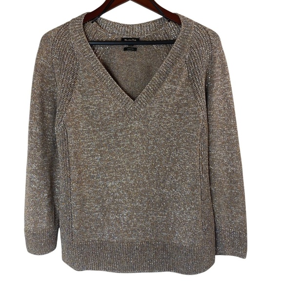 MASSIMO DUTTI Size M Lightweight Silver Glitter Lurex V-Neck Oversized Tan Coope - Picture 1 of 6